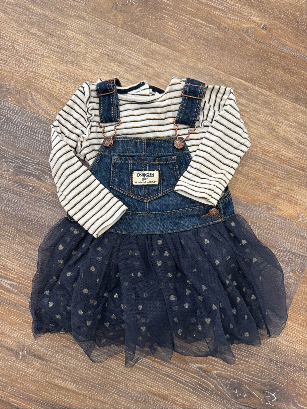 OshKosh B'gosh Navy Denim Overall Dress with Cream & Black Striped Top
